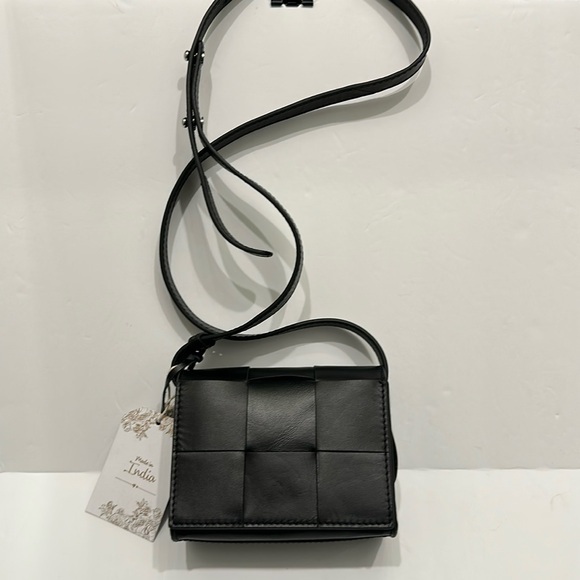 Handbags - Genuine, leather black woven small box Crossbody purse handcrafted in India